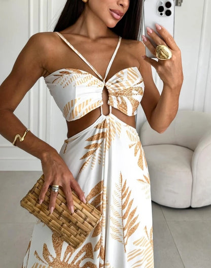 New Fashion 2024 Summer Casual Tropical Print Backless Maxi Dress Sexy Elegant Dresses Women Vacation Female Clothing Outfits