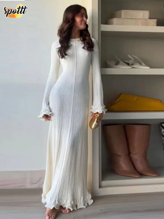 Fashion Flared Sleeves Lace Hem Maxi Dress Lady Elegant Solid Back Lace Up Long Dress Female Casual Streetwear Club Party Robes