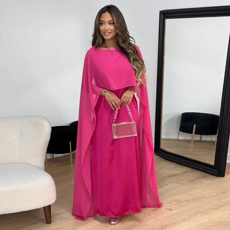 Autumn Fashion Satin Party Dress Robe Abaya Muslim Women Elegant Solid Round Neck Bat Sleeves Loose Maxi Dress Women