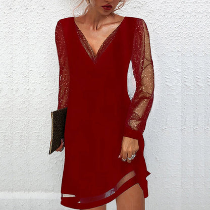 Knee Length Dresses Women Fashion Dress Solid Lace Splice Long Sleeve Dress Plain Ruffle Loose V-Neck Pullover Mini Mesh Dress