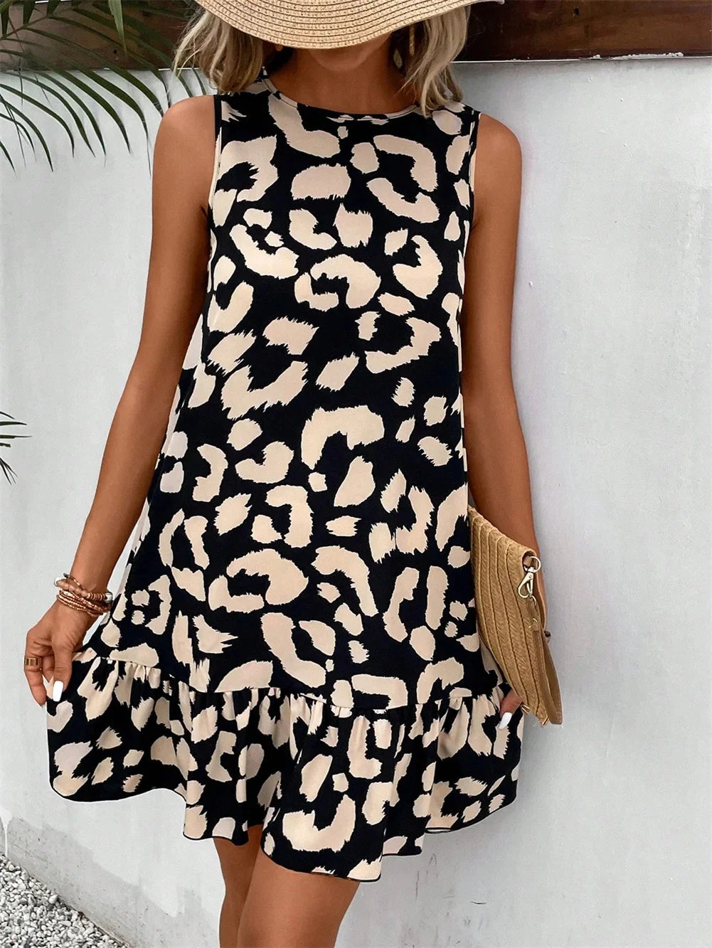 Women Summer Style Dress Lady Casual Sleeveless Leopard Printed Slim Mini A-line Dress