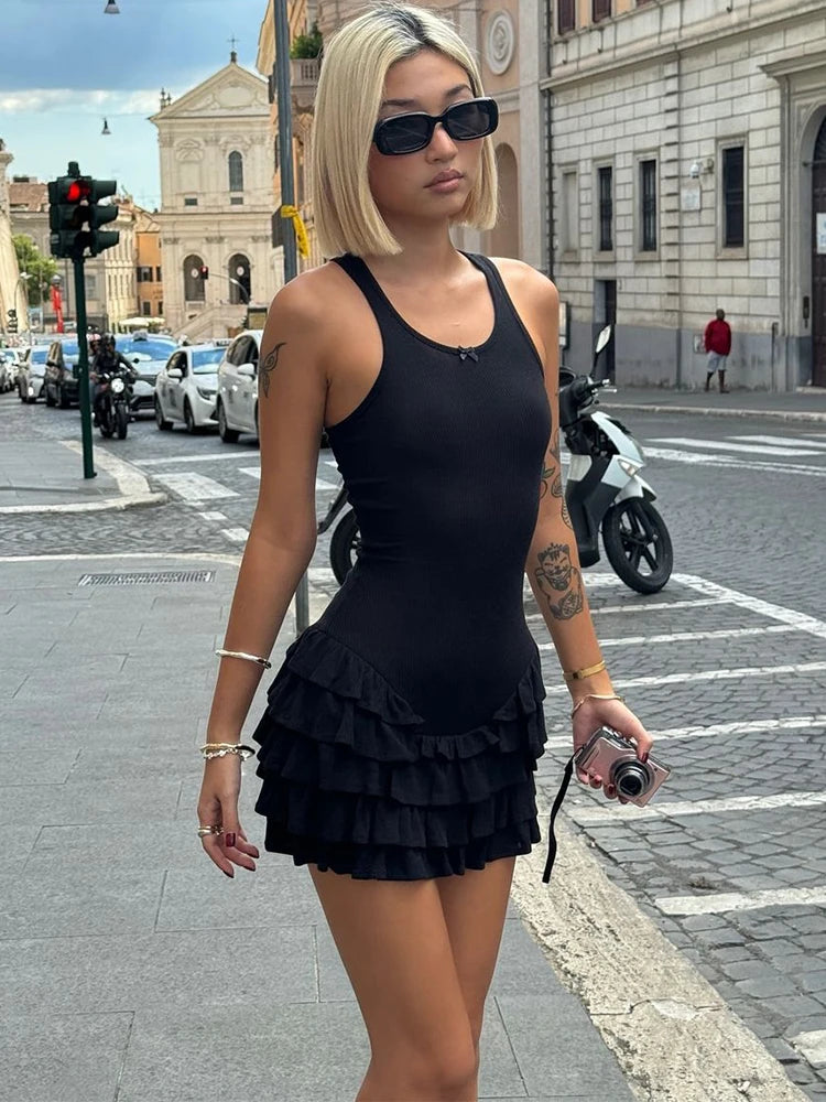 Trendix Sleeveless Ruffle Mini Dress Women Summer Sexy Bodycon High Waist Backless Dresses Street Casual Slim Beach Party Dress