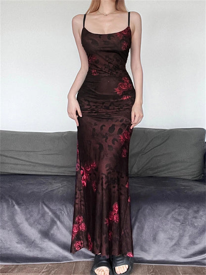 WLWXR Coffee Printed Camisole Long Dress Party Evening For Women 2024 Spring Sleeveess Split Maxi Dress Backless Vintage Dresses