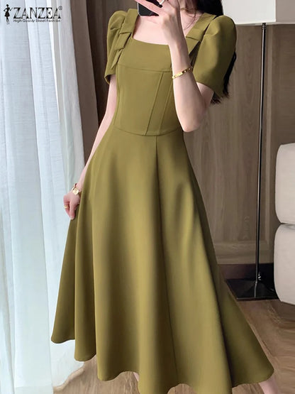 ZANZEA Women Elegant Long Dress Fashion Square Collar Bowknot Sundress 2024 Summer Waisted Vestidos Party Puff Sleeve Dresses