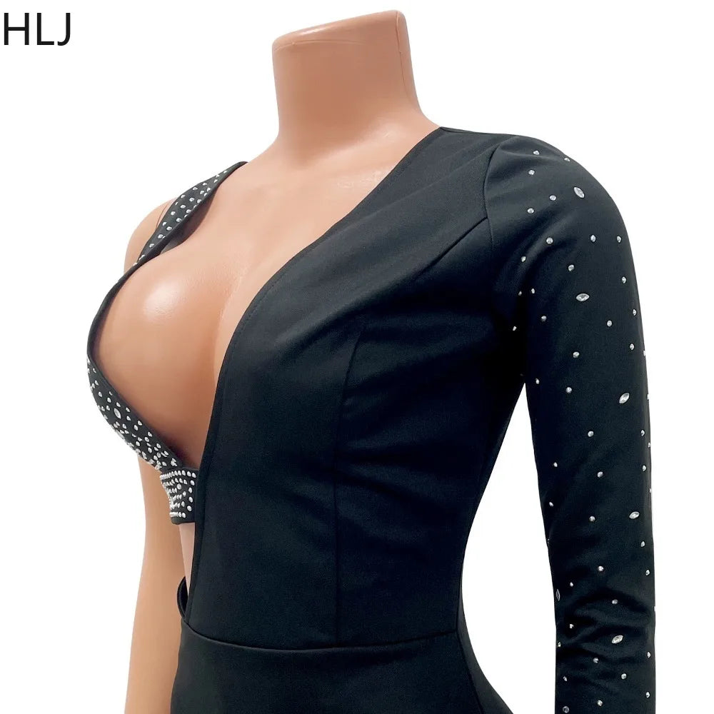 HLJ Fashion Rhinestone One Shoulder Bodycon Party Dresses Sexy V Neck Hollow Mini Dress Women Luxury Diamond Irregular Vestidos