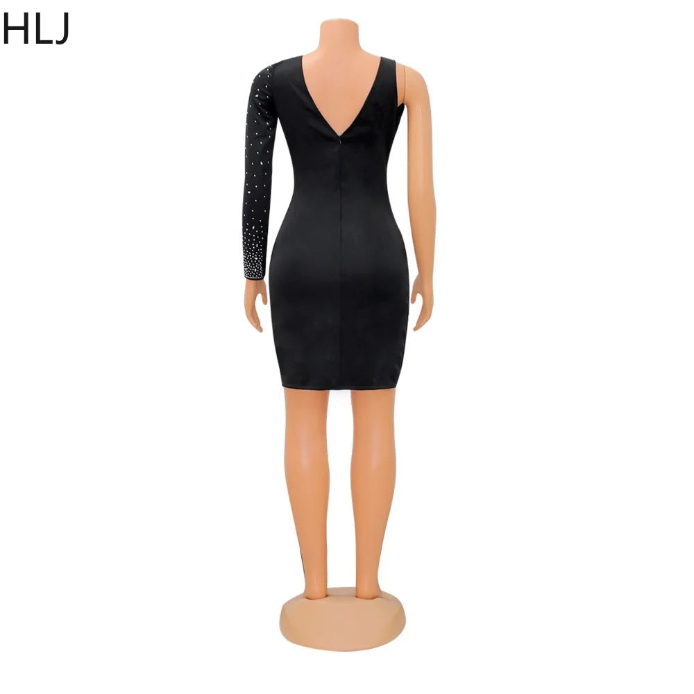 HLJ Fashion Rhinestone One Shoulder Bodycon Party Dresses Sexy V Neck Hollow Mini Dress Women Luxury Diamond Irregular Vestidos