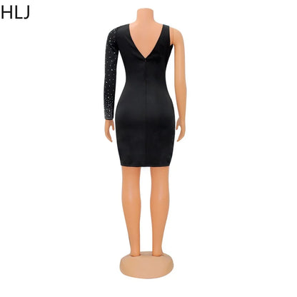 HLJ Fashion Rhinestone One Shoulder Bodycon Party Dresses Sexy V Neck Hollow Mini Dress Women Luxury Diamond Irregular Vestidos