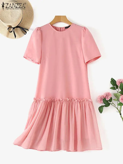 ZANZEA Women Solid Midi Dress Summer Fashion Pleating Stitching Dress Elegant Round Neck Party Robe Holiday Casual Loose Vestido