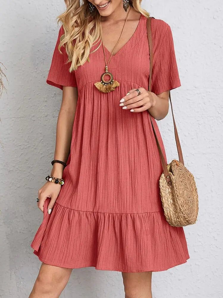 Women Elegant Short Sleeve V Neck Ruffles Dress Summer Casual Solid Loose Mini Dress Chic Bohemian Sundress Beach Party Vestidos