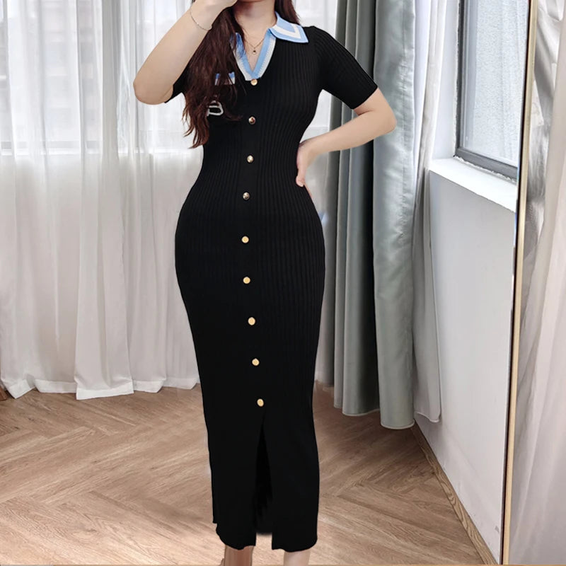 YuooMuoo Women Dress Chic Fashion Notched Rib Knitted Long Dress Office Lady Single-breasted Package Hips Sweater Dress Vestidos