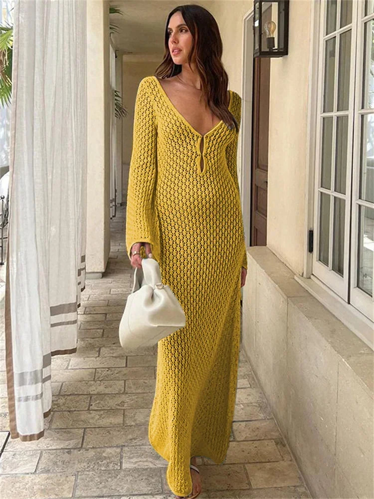 Tossy White Knit Fashion Cover up Maxi Dress Female See-Through V-Neck Hollow Out Beach Holiday Dress Knitwear Backless Dress