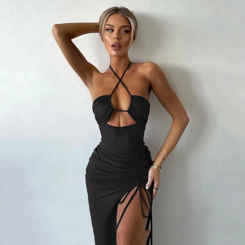 Sexy Dress Women Summer New Sleeveless Backless Hollow Out Dresses Slim Fashion Split Bandage Casual Bodycon Elegant Party Dress