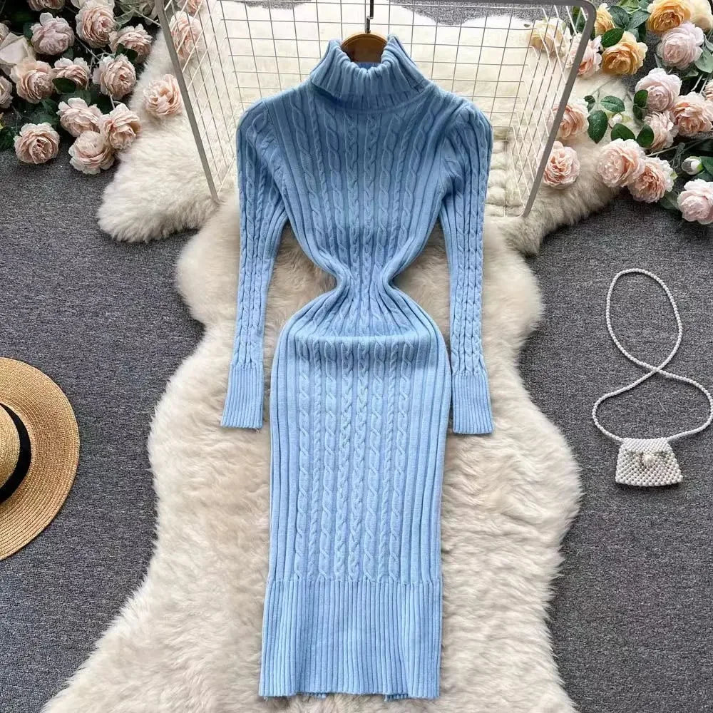 2024 Autumn/Winter Women's Knit Dress Sexy Polo/Turtle Neck Long Sleeve Medium-Length Slimming Smooths Your Silhouette