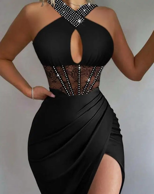 Sexy Night Out Party Dresses for Women 2022 Rhinestone Ruched High Slit Contrast Lace Corset Sleeveless Halter Slim Dress New