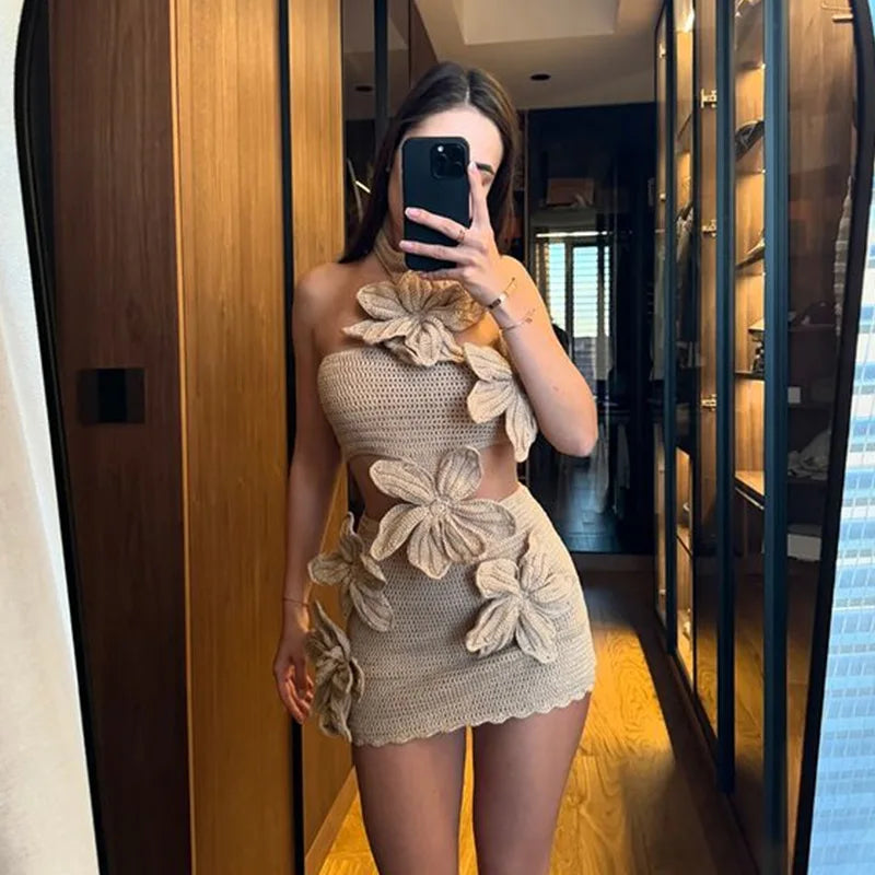 Beach Knit 3d Flower Dress Women Sleeveless Halter Sexy See Through Female Dresses 2025 Spring Summer Hollow Out Holiday Robes