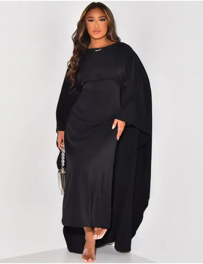 Autumn Fashion Satin Party Dress Robe Abaya Muslim Women Elegant Solid Round Neck Bat Sleeves Loose Maxi Dress Women