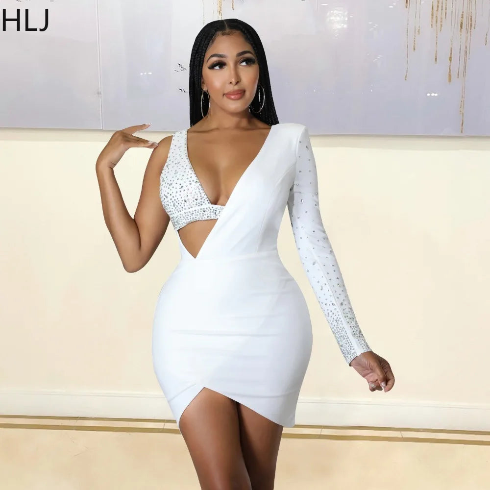 HLJ Fashion Rhinestone One Shoulder Bodycon Party Dresses Sexy V Neck Hollow Mini Dress Women Luxury Diamond Irregular Vestidos