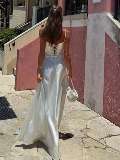 Elegant White Satin Drawstring Tie Backless Long Dress Women High Waist Square Neck Slim Sling Dresses 2025 New Sexy Beach Robes