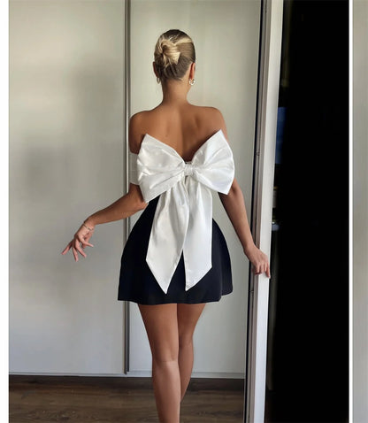 Sexy Back Big Bow Decoration Mini Dress Fashion Off Shoulder Sleeveless Backless Dresses Autumn Club Vestidos Evening Party Gown