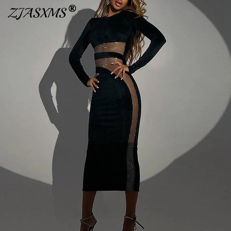 Sexy Sheer Mesh Patchwork Diamonds Party Dresses Women Spring Slim Fit Hollow Long Dress Autumn Long Sleeve Vestidos Female Robe