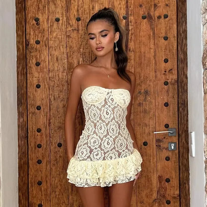 Avrilyaan Lace Perspective Strapless Short Sexy Dress Women 2024 Elegant Party Dress Backless Bodycon Mini Summer Dress Vestidos