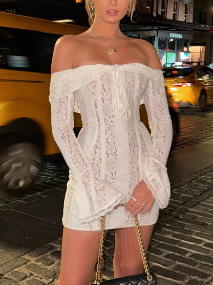 Women y2k White Off Shoulder Sexy Lace Dress Floral Pattern Bow Ruched Boat Neck Long Sleeve Slim Fit Short Dresses Streetwear