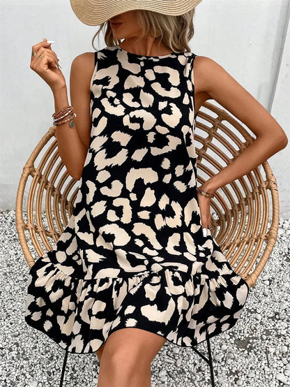 Women Summer Style Dress Lady Casual Sleeveless Leopard Printed Slim Mini A-line Dress