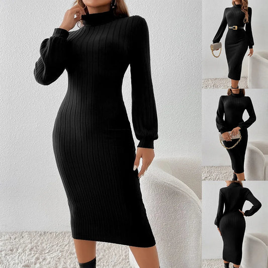 Autumn and Winter New Women's Clothing Casual Fashion Solid Color Pit Strip Turtleneck Long-sleeved Dress Women