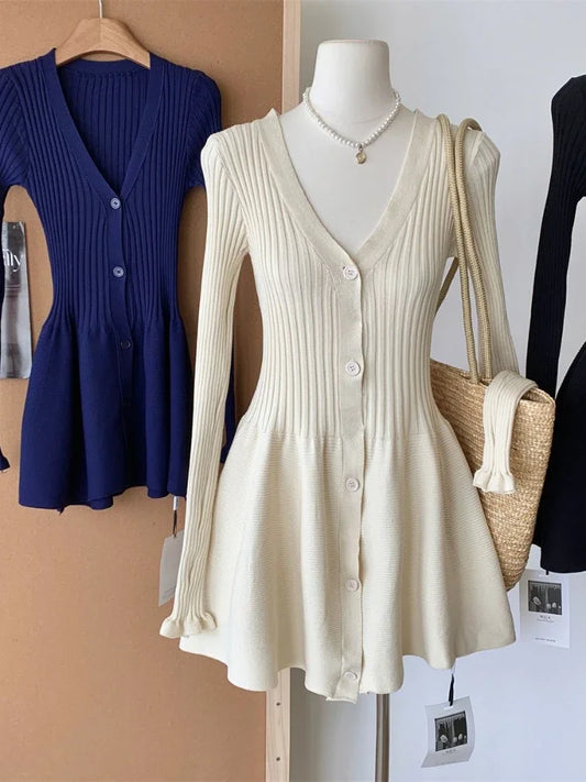 Autumn Korean Fashion V Neck Knit Dress Women Designer Sweet Slim Sweater Dresses Female Retro Solid Y2k Knitted Mini Dress New