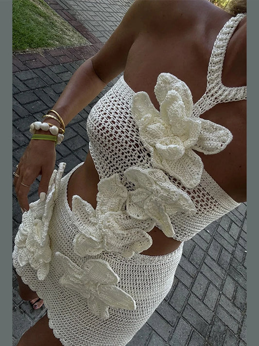 Beach Knit 3d Flower Dress Women Sleeveless Halter Sexy See Through Female Dresses 2025 Spring Summer Hollow Out Holiday Robes