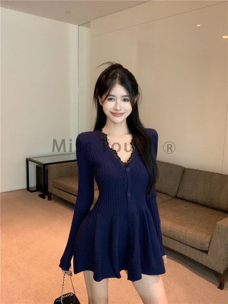 Autumn Korean Fashion V Neck Knit Dress Women Designer Sweet Slim Sweater Dresses Female Retro Solid Y2k Knitted Mini Dress New