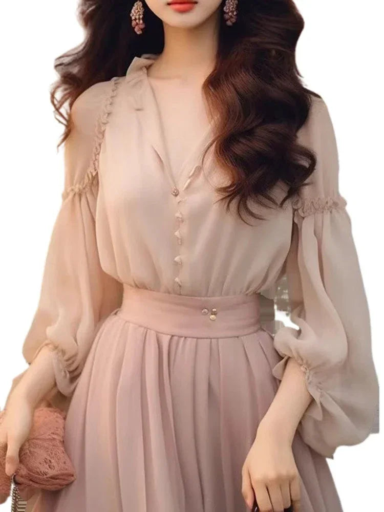 Elegant Pink Fashion YK2 Long Sleeved Two Piece Set Sweet Spring Slim Fit Dress New French Women's Beach Party Chiffon Dress