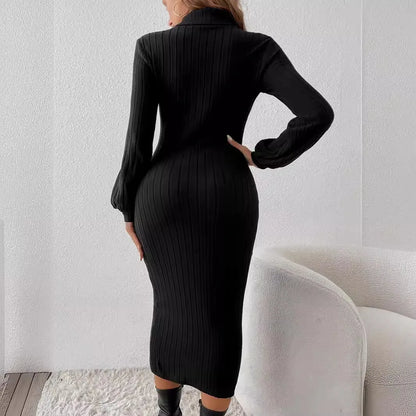 Autumn and Winter New Women's Clothing Casual Fashion Solid Color Pit Strip Turtleneck Long-sleeved Dress Women