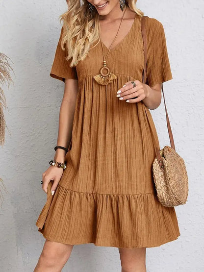 Women Elegant Short Sleeve V Neck Ruffles Dress Summer Casual Solid Loose Mini Dress Chic Bohemian Sundress Beach Party Vestidos