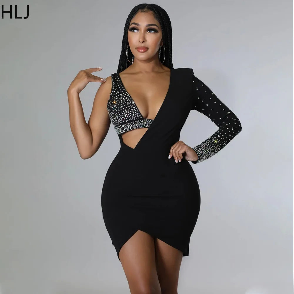 HLJ Fashion Rhinestone One Shoulder Bodycon Party Dresses Sexy V Neck Hollow Mini Dress Women Luxury Diamond Irregular Vestidos