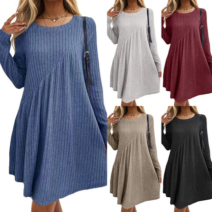 Womens Fall Sweater Dresses Streetwear Crew Neck Long Sleeve Winter Knitted Midi Dress 2024 Asymmetrical Pullover Short Dresses