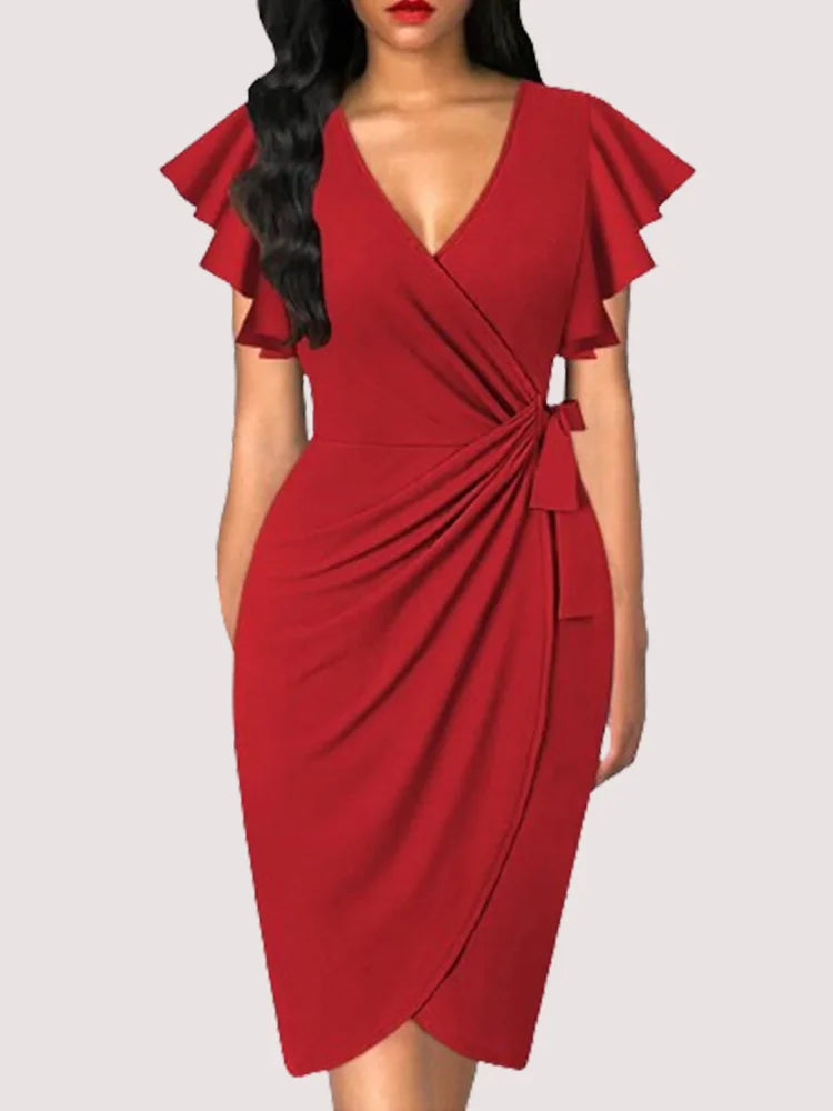 Lady Stylish V-Neck Petal Sleeve Dress Summer Elegant  Bodycom Dress Solid Color Pleated Work Robe Vestidos