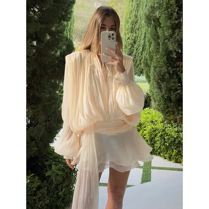 2025 Early Spring Elegant Ruffle Mini Dress Women Chic O-neck Lantern  Ribbon Hollow Out Dress With Belt Pleated Dresses Female