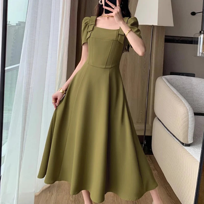 ZANZEA Women Elegant Long Dress Fashion Square Collar Bowknot Sundress 2024 Summer Waisted Vestidos Party Puff Sleeve Dresses