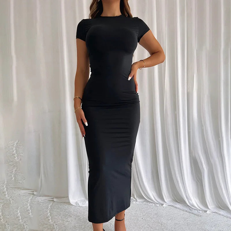 CUTENOVA 2024 Women Solid Color Slim Short Sleeve Casual Pullover Sumer Long Dress Skinny Sexy Daily Dress