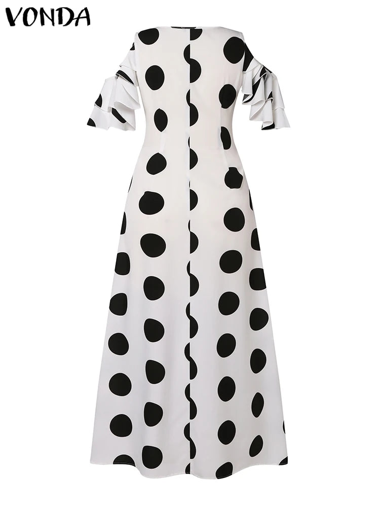 VONDA 2024 Summer Women Polka Dot Long Dress Printed Ruffled Sundress Bohemian Casual V-neck Hollow Out Short Sleeve Maxi Robe