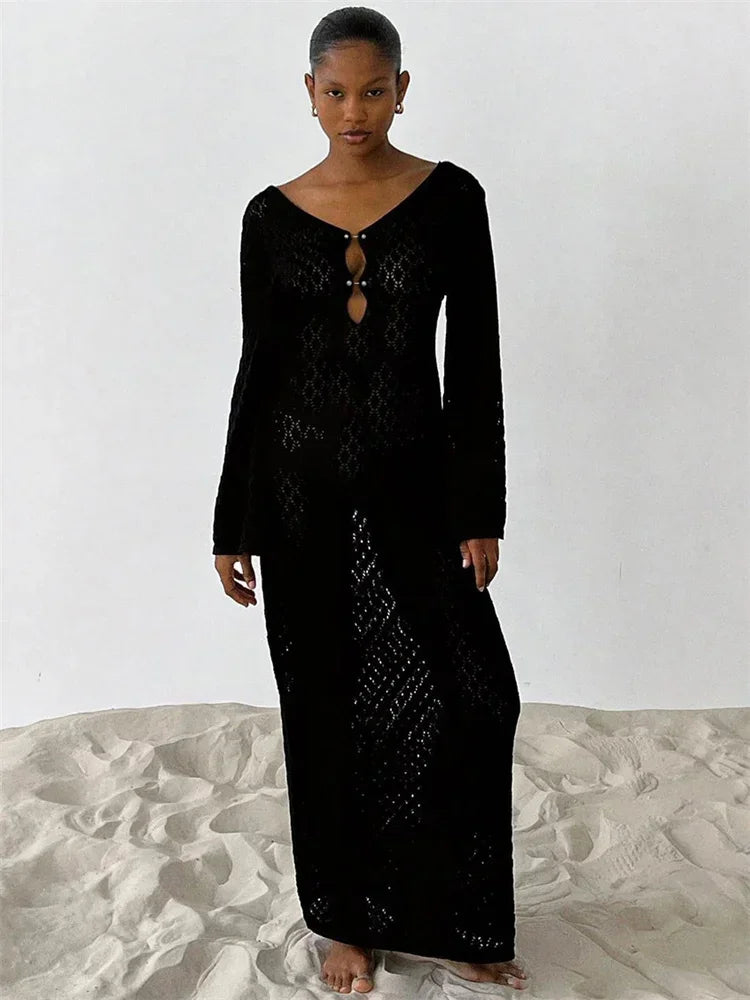 Tossy White Knit Fashion Cover up Maxi Dress Female See-Through V-Neck Hollow Out Beach Holiday Dress Knitwear Backless Dress